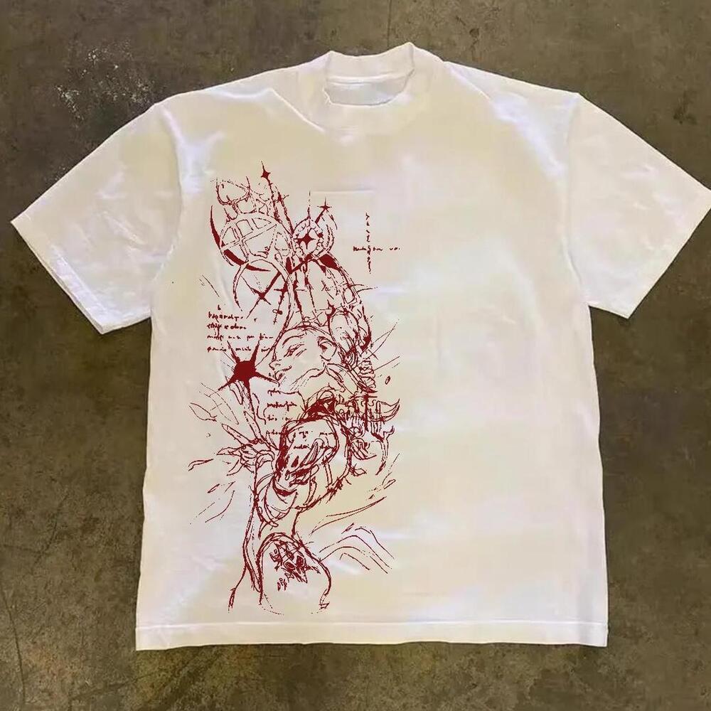 Gildan Men White T-Shirt, White And Red Graphic Tee With A Unique